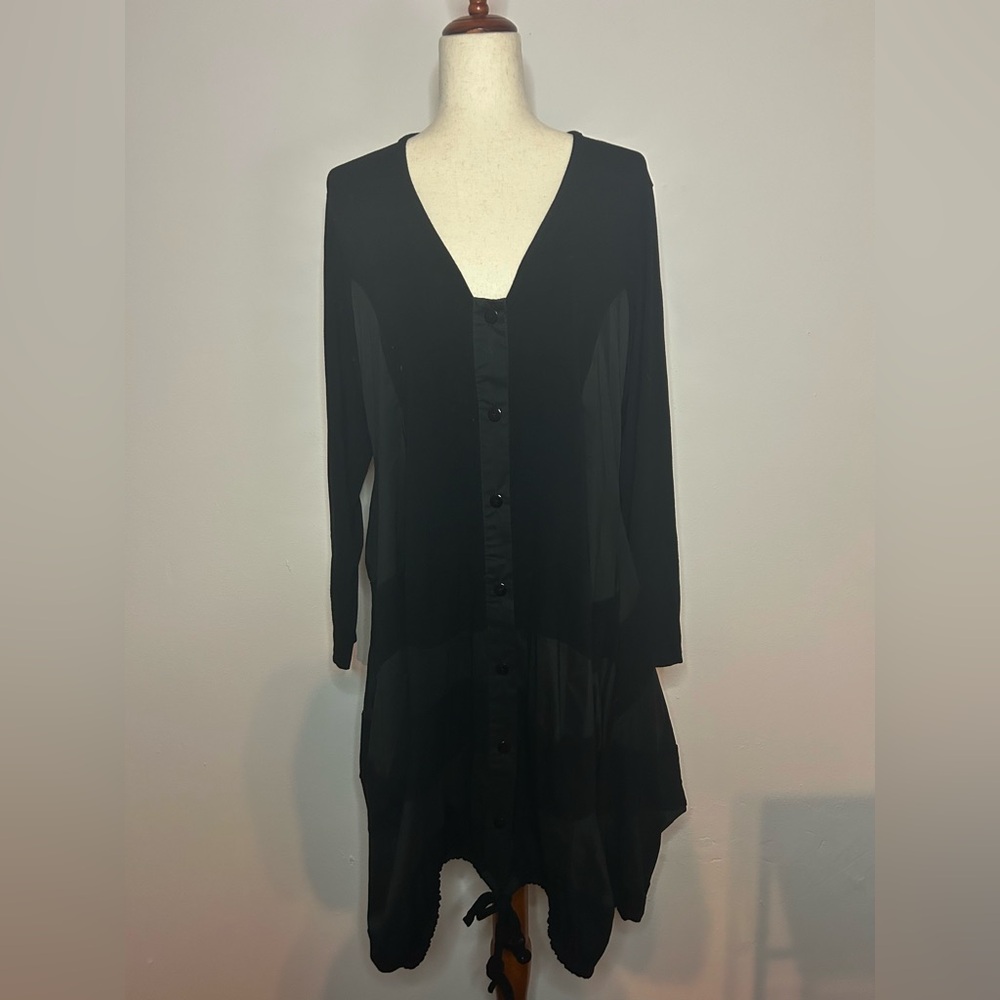 TRANSPARENTE Black Button Up Contrast Panel Drawstring Hem Dress